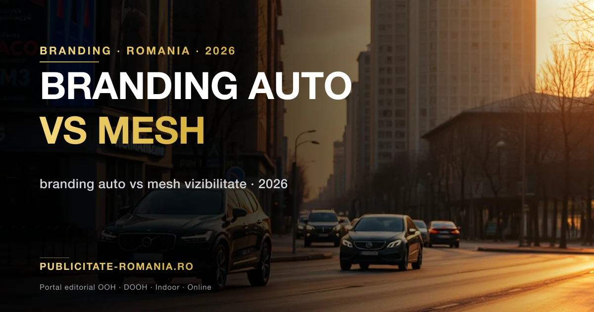 Vehicul branduit si mesh pe fatada cladirii, comparatie formate OOH Romania 2026