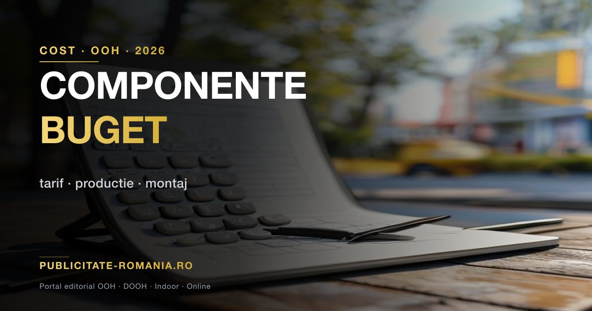 Cele trei componente ale costului total al unei campanii OOH — inchiriere spatiu, productie material si montaj cu demontaj