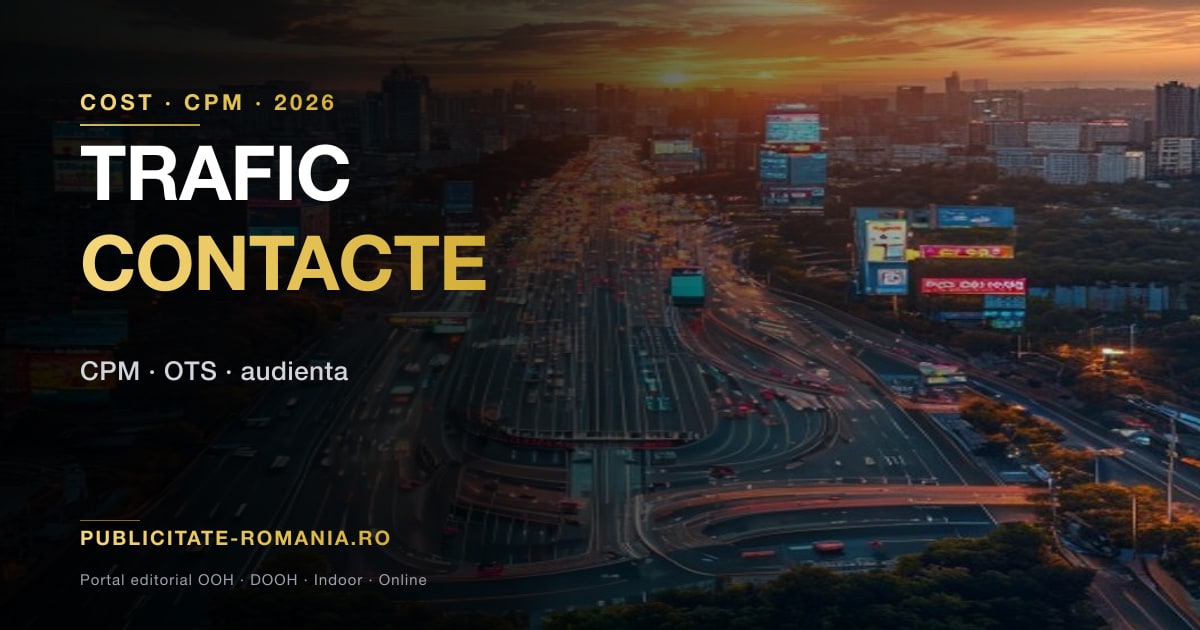 Strada urbana cu trafic auto si pietonal — baza estimarii numarului de contacte zilnice pentru calculul CPM in publicitatea outdoor