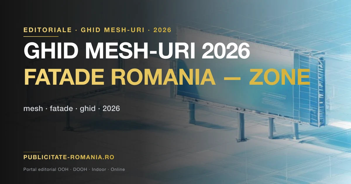 Mesh publicitar de mari dimensiuni pe fatada unui bloc din centrul unui oras romanesc