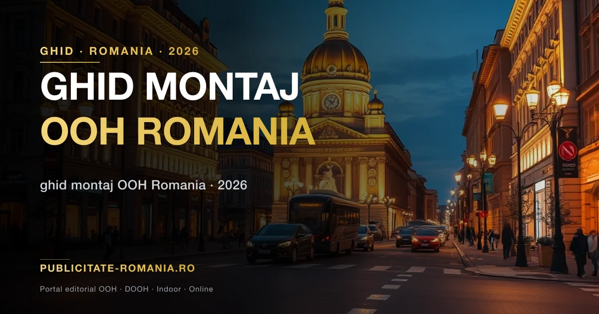 Echipa de montaj OOH instaleaza un panou publicitar pe o cladire din Romania