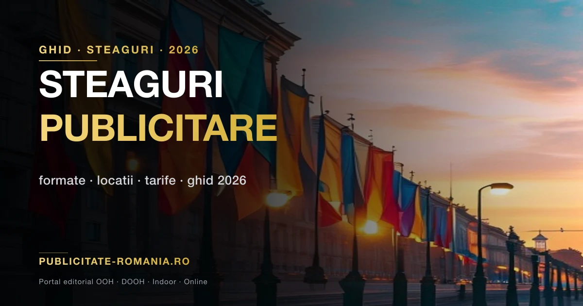 Retea de steaguri publicitare pe stalpii de iluminat de pe un bulevard din Bucuresti la apus — format 2m × 0,8m