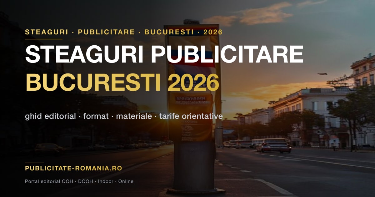 Retea de steaguri publicitare format 2m x 0,8m pe stalpii de iluminat de pe o artera principala din Bucuresti la apus
