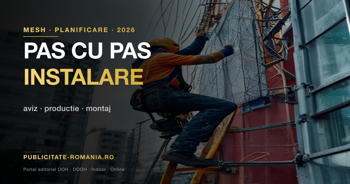 Plan de campanie pe mesh de fatada — schema pasilor de la definirea audientei la contractul cu proprietarul, productie si montaj