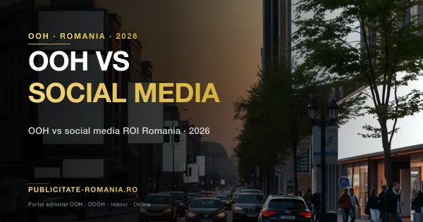 Comparatie intre un panou publicitar stradal si un telefon cu retele sociale, pe fundal urban din Romania