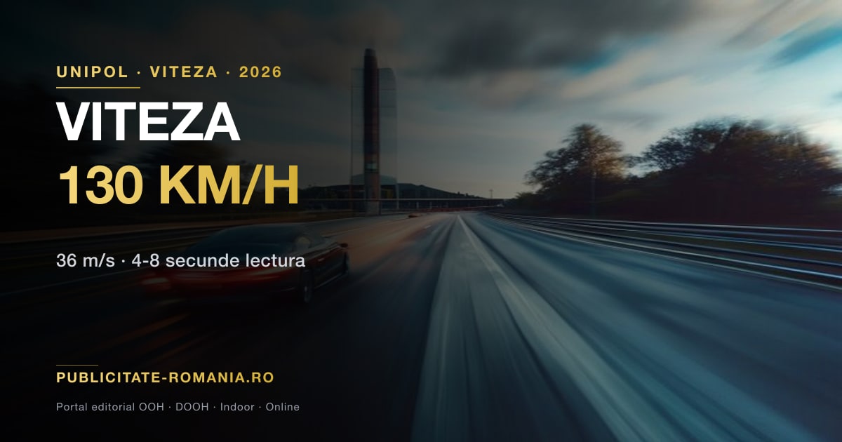 Perspectiva sofer pe autostrada cu blur de miscare la 130 km/h — ilustreaza fereastra de expunere de 5-8 secunde pentru un panou publicitar pe unipol