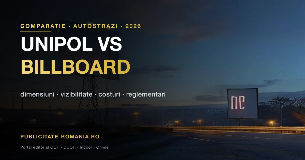 Comparatie unipol vs billboard pe autostrada Romania 2026 — structura, dimensiuni, vizibilitate