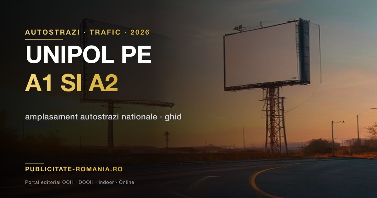 Unipol publicitar amplasat pe autostrada A1 din Romania la apus — structura metalica inalta cu panou bilateral orientat spre sensul de mers