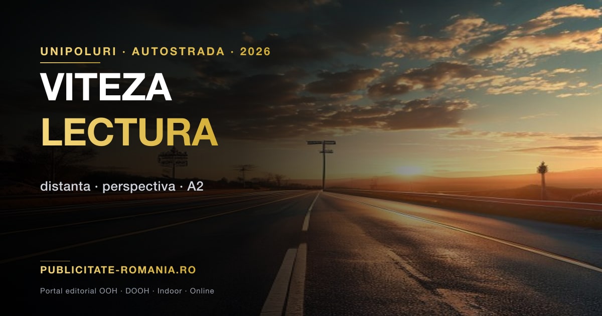 Perspectiva sofer pe autostrada la apus — panou publicitar vizibil de la distanta cu blur de miscare pe asfalt, ilustrand fereastra de lectura de 8 secunde